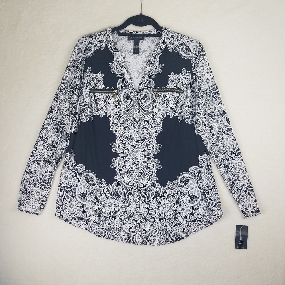 INC International Concepts Woman OX Black White Lace Print V Neck Zip Pocket NWT